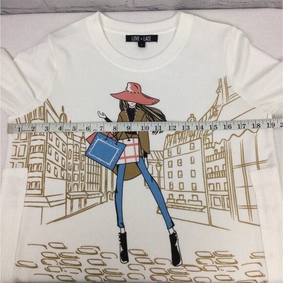 Lave & Lace Studded Graphic Round Neck 3/4 Sleeve Cream Semisheer Tunic Top S - Picture 11 of 15